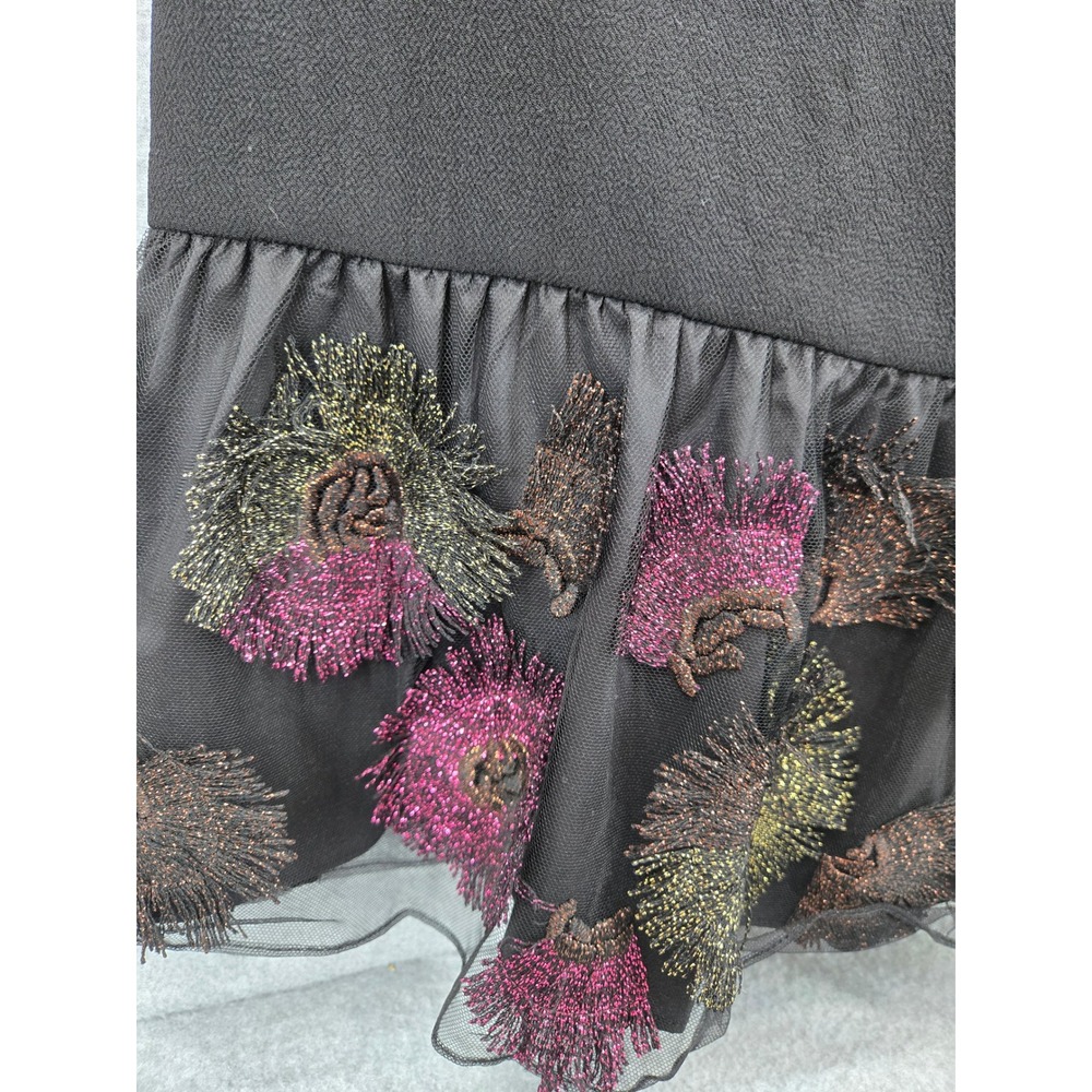 Trina Turk Black Metallic Floral Ruffle Hem Cocktail Dress Short Sleeve 2 LBD - Picture 3 of 10